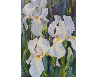 Dipinto ad olio di iris bianco, tela montata 9,84 X 13,8 pollici