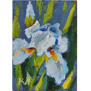 Tarjeta ACEO de iris, pintura al óleo ACEO, pintura al óleo floral, flor de iris, bellas artes florales, pintura de iris 2,5 X 3,5 pulgadas