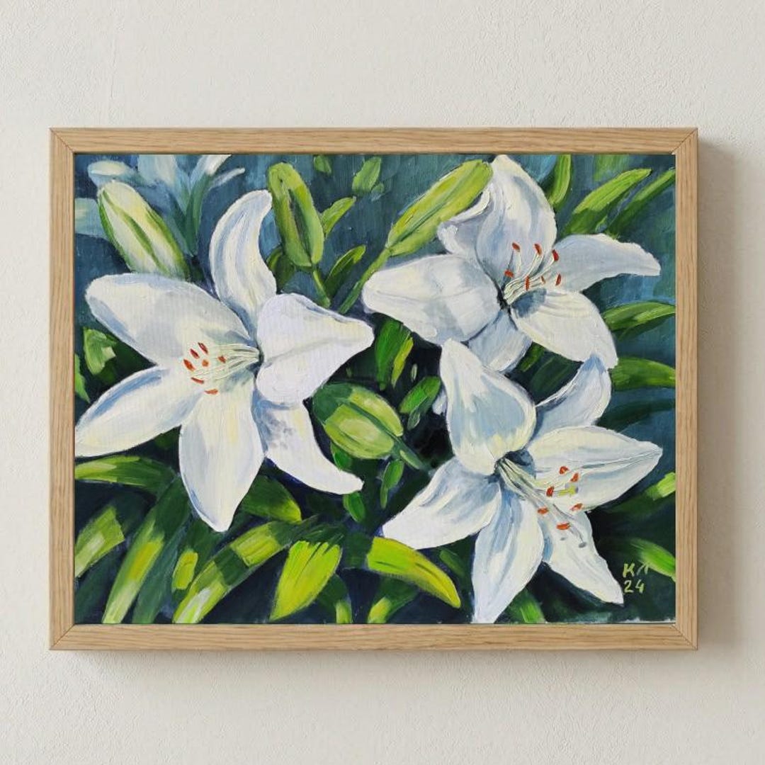 白いユリの油彩画 油絵、白いユリの花、花の風景、キャンバス張り、13.8 x 17.7 インチ