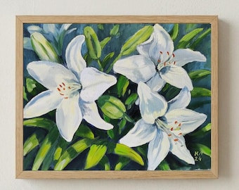 白いユリの油絵（紙）：オリジナル花柄アート作品（10インチ×10インチ