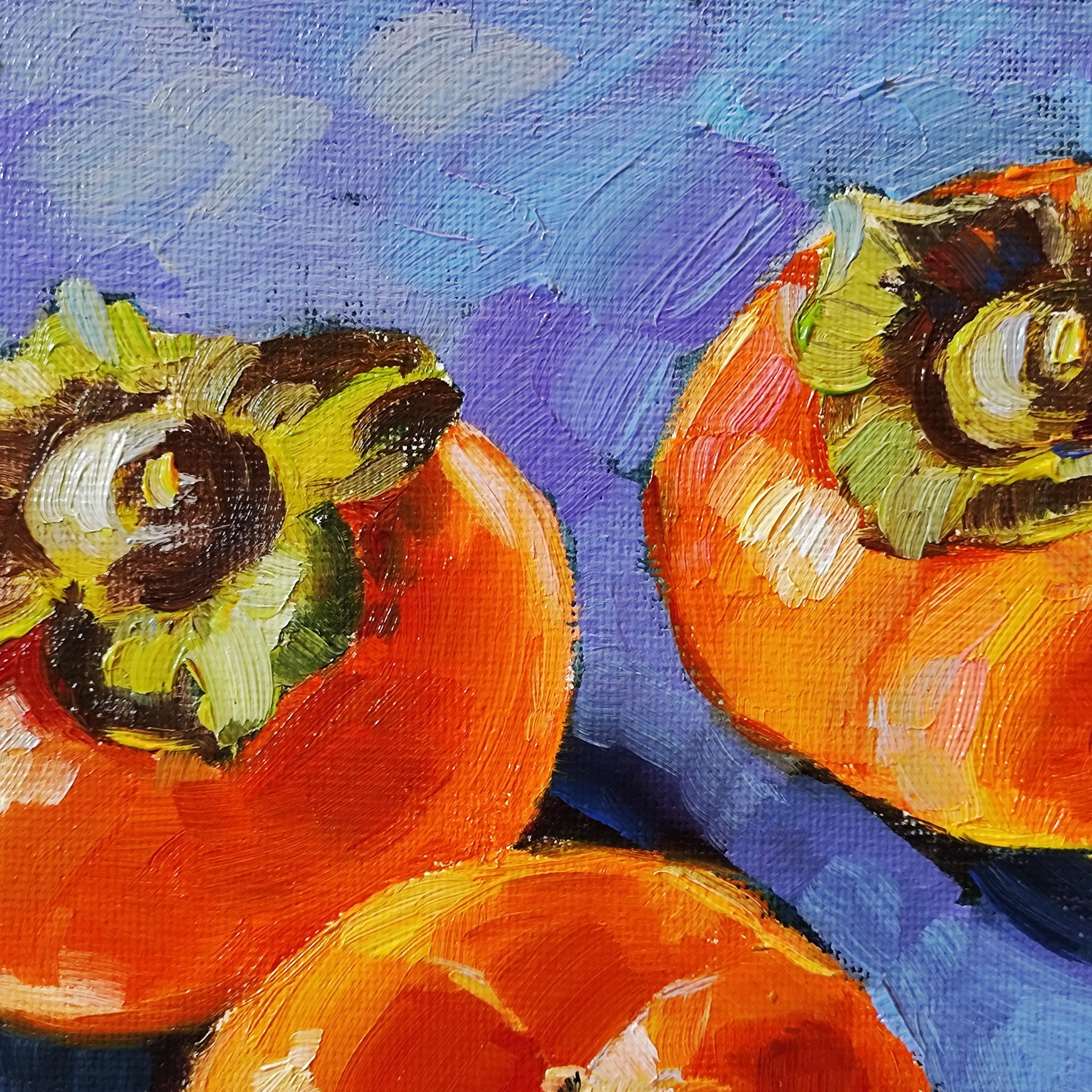 柿の油絵：小さな果物の静物画、キッチンの装飾（7.8x7.8インチ