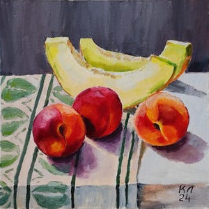 Melon and Peach still life, oil painting, fruit painting for kitchen, wall decor