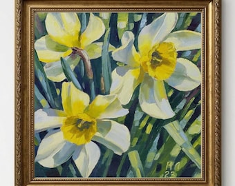Yellow Daffodil Oil Painting Original Floral Wall Art, Spring Flowers Painting, Canvas 12x12