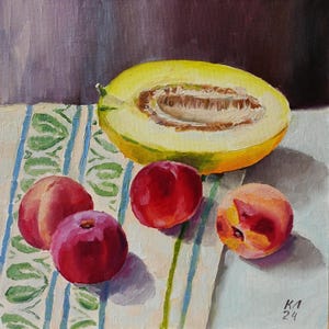 Melon and Peach still life, oil painting