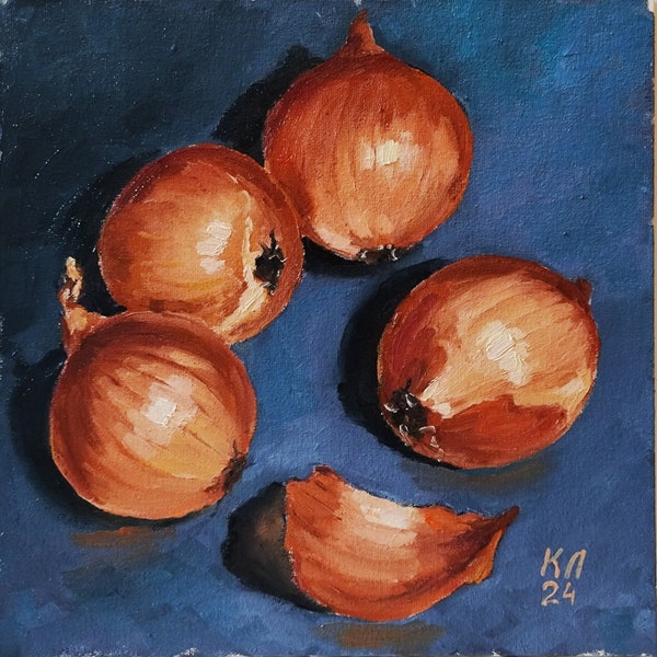 Onion oil painting, 9.8 X 9.8 in, small still life, oil painting for kitchen, wall decor, home decor by Ukrainian artist L. Kabakova