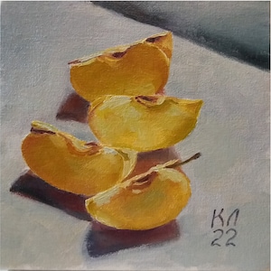 Apple oil painting Fruit still life on canvas board, decor for kitchen, apple slices