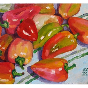 Pintura a óleo, Pimentões búlgaros vermelhos e verdes, 9,8 X 13,8 pol. Natureza morta para cozinha