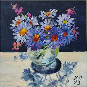 Purple flower still life 7.9 X 7.9 in, Bouquet of summer flowers, oil painting on cardboard