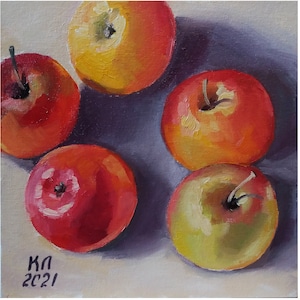 Apple still life, oil painting for kitchen, fruit small painting, home decor