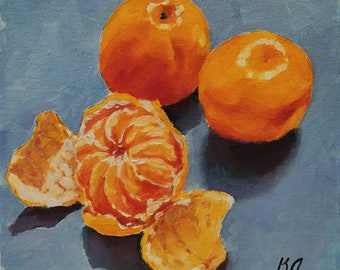 Peinture à l'huile d'agrumes, mandarine 9,84 x 9,84 pouces, petite décoration d'intérieur, nature morte de fruits