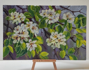 Peinture à l'huile de branche de poirier 11,8 x 7,8 pouces, petite oeuvre d'art, fleur de poirier, fleur de printemps