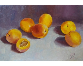 Apricot still life, oil painting on cardboard, fruit painting, decor for kitchen