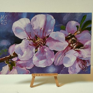 Pintura a óleo sobre flor de pessegueiro, flor rosa, paisagem floral em cartão, cena de jardim
