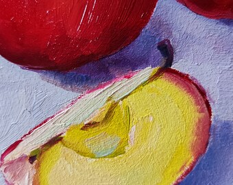 赤いリンゴの静物画、キッチン用の油絵、小さな絵画 - Etsy 日本