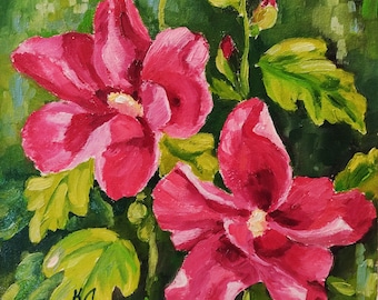 Peinture à l'huile, fleur d'hibiscus, oeuvre d'art florale, peinture d'hibiscus sur toile, paysage floral