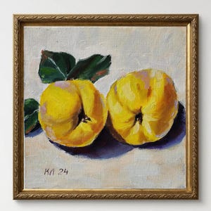 黄色いリンゴの油絵：小さなキッチンの静物画（キャンバスボード 9.8 x