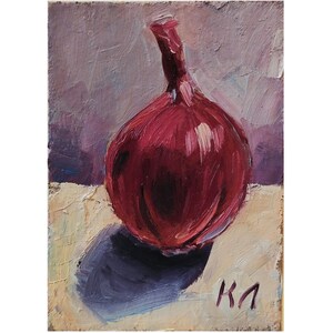 Pintura al óleo ACEO de cebolla roja, naturaleza muerta de cebolla, 2,5 x 3,5 pulgadas, tarjeta ACEO, pintura pequeña, decoración para la cocina