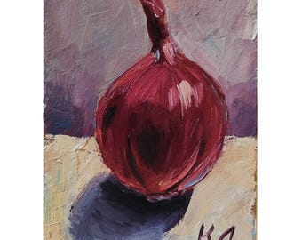 Red Onion Oil Painting: Kitchen Still Life ACEO Card (2.5 X 3.5 in)