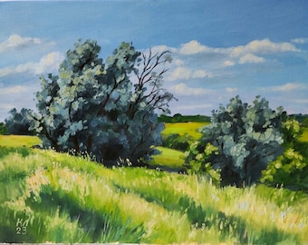 Ukrainian landscape, original oil painting on stretched canvas, summer day, 13.8 Х 17.7 in, wall art, home decor