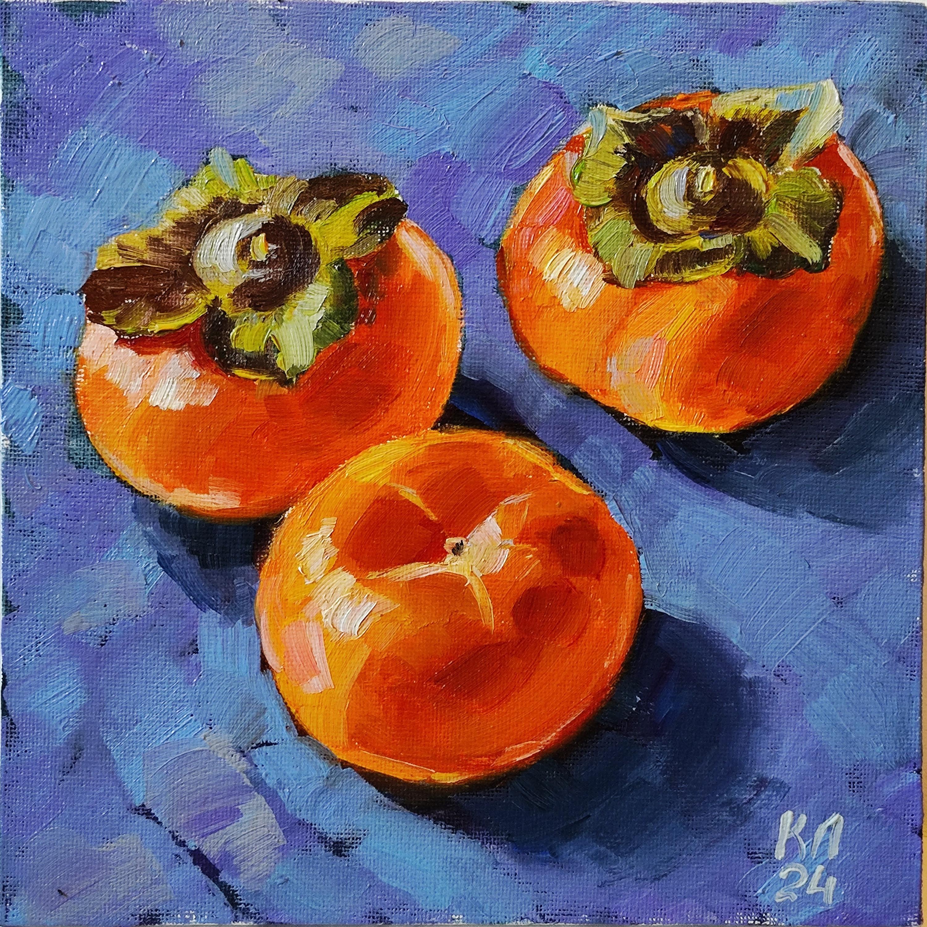 柿の油絵：小さな果物の静物画、キッチンの装飾（7.8x7.8インチ