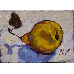 Pintura a óleo ACEO, cartão ACEO, pêra, pintura a óleo de frutas 2,5 x 3,5 pol., pequena obra de arte de pêra amarela, natureza morta