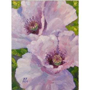 Poppy original floral oil painting on cardboard, pink flower
