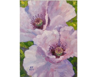Poppy original floral oil painting on cardboard, pink flower