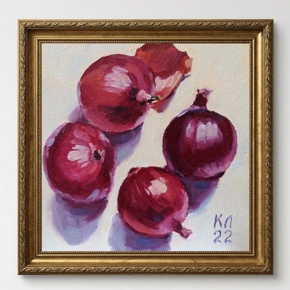 赤玉ねぎの油絵、キッチン用の静物画、画板 7.8 x 7.8 インチ - Etsy 日本