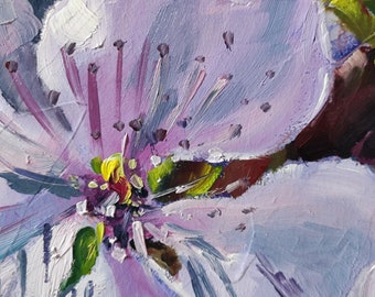 桃の花の油絵、カードに描かれたピンクの花、8 x 8インチ、庭の風景