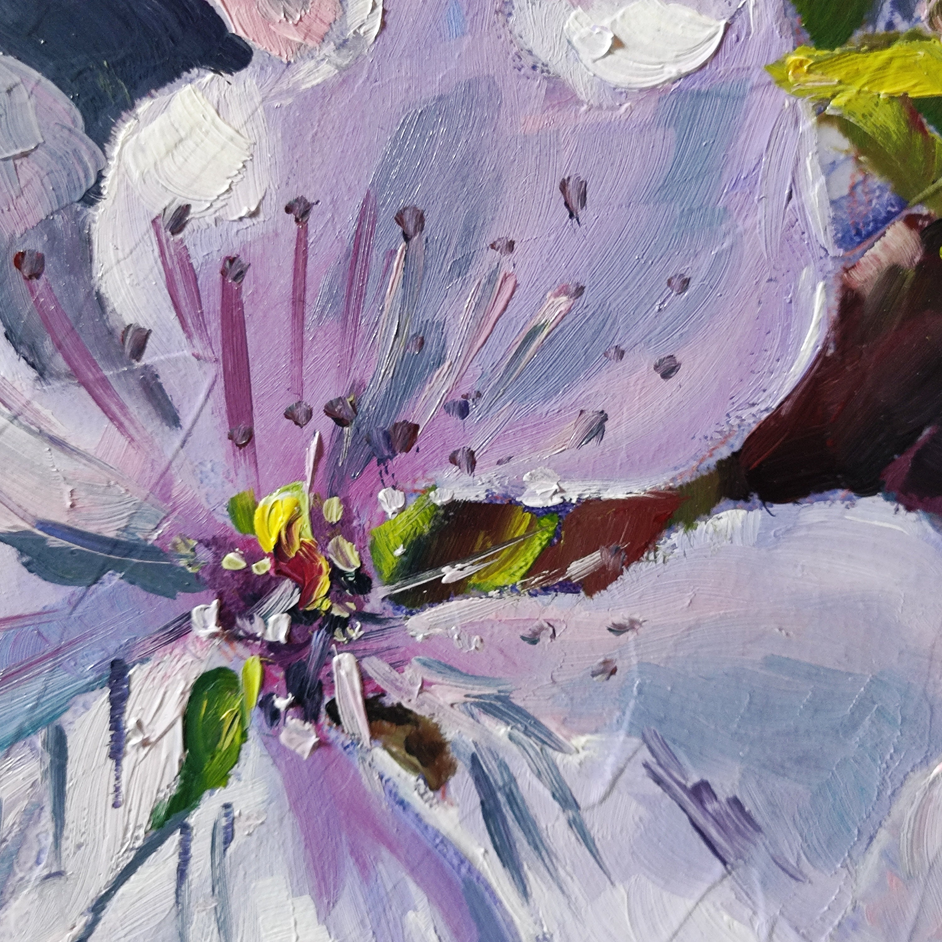 桃の花の油絵、カードに描かれたピンクの花、8 x 8インチ、庭の風景
