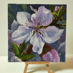 Pintura pequena em flor de pêssego, pintura a óleo de flor rosa, paisagem floral em cartão, cena de jardim