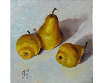 Pear still life, small fruit oil painting 9.84 X 9.84 in