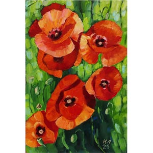 Pintura a óleo floral, paisagem de papoula vermelha, decoração de parede em papelão por L. Kabakova