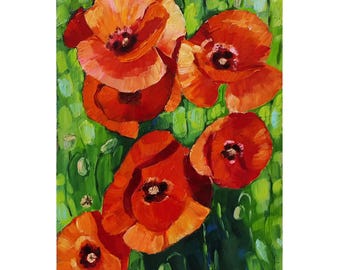 ポピー油彩画　オリジナル ポピーの絵画 オリジナルアート キャンバス 8x8、赤い花の油絵、娘から