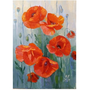 Poppies Oil Painting: Original Floral Landscape on Cardboard