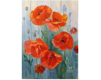 Poppies Oil Painting: Original Floral Landscape on Cardboard