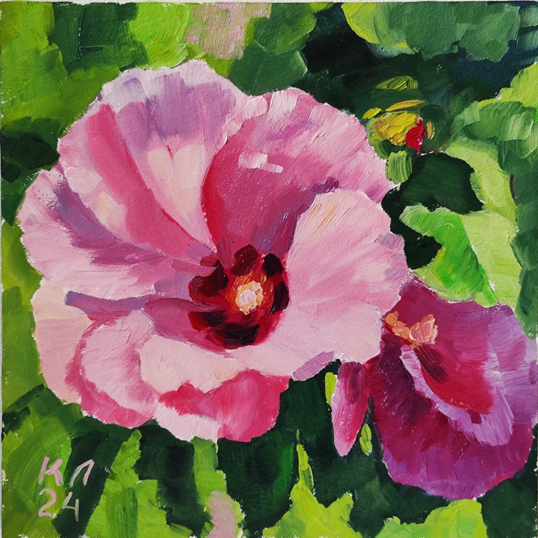 ハイビスカスの花の油絵：小さな花の風景画（7.8x7.8インチ） - Etsy 日本