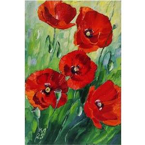 Pintura a óleo de papoula, paisagem de papoula vermelha, decoração floral de parede em papelão por L. Kabakova