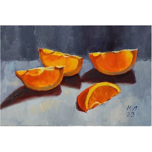 Orange original oil painting 7.8 X 11.8 in, citrus still life, small painting