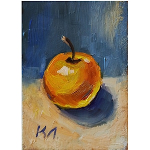 Cartão ACEO de maçã amarela, pintura a óleo ACEO de maçã, pintura a óleo de frutas 2,5 x 3,5 pol., pequena obra de arte de frutas, natureza morta