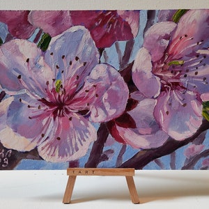 Pintura a óleo de galho de pêssego, flor rosa, paisagem floral em cartão, cena de jardim