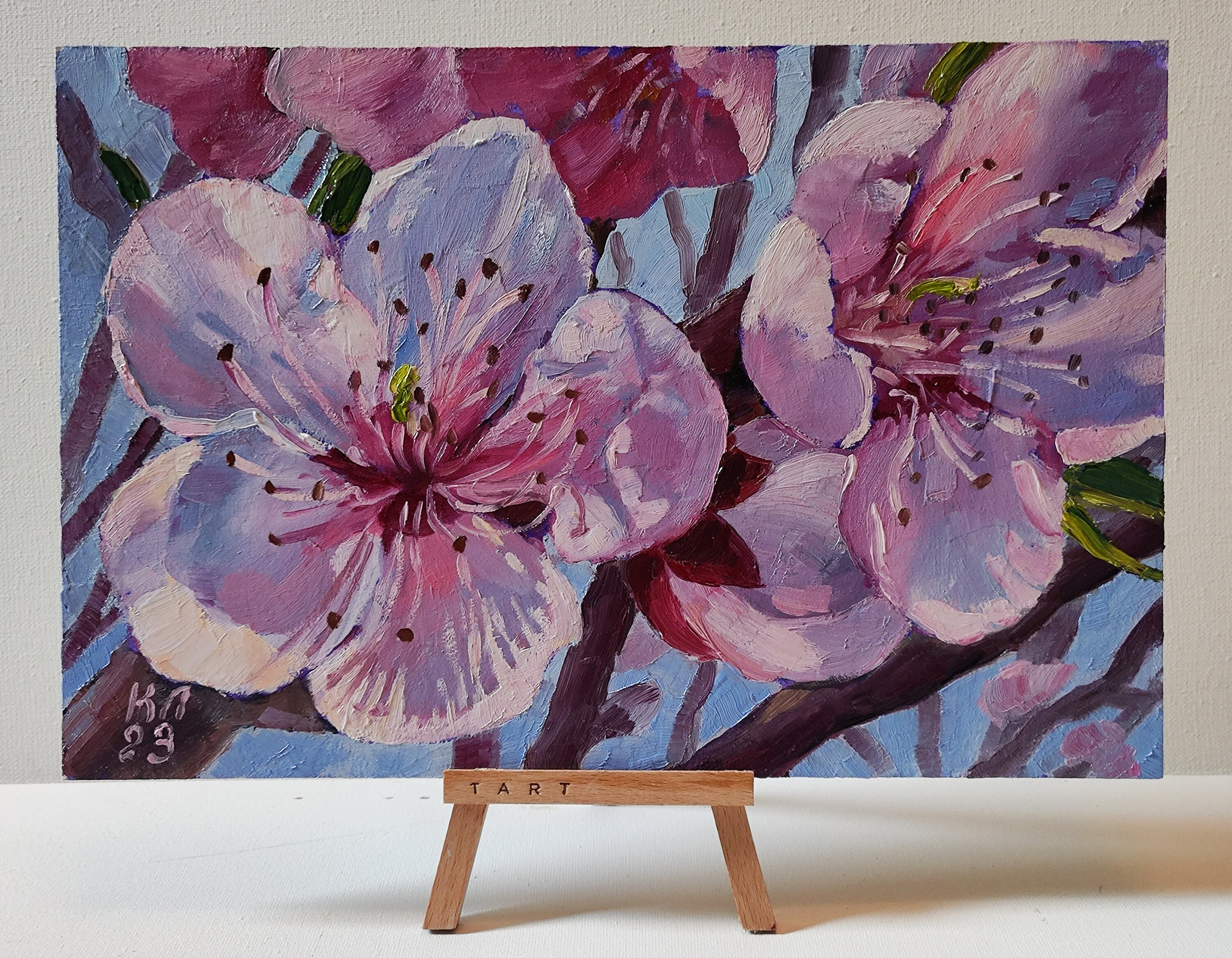 Peach branch oil painting, pink flower, floral landscape on cardbpard, garden scene