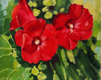 Mallow floral landscape, hollyhock oil painting, red flowers canvas board 12 X 12 in