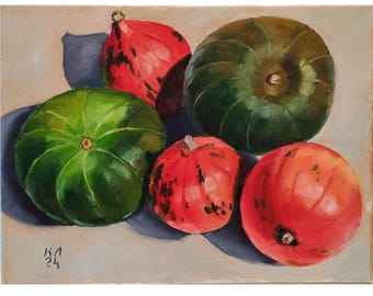 Pumpkin Still Life, Original Oil Painting, Kitchen Art (15.7 X 11.8 in)