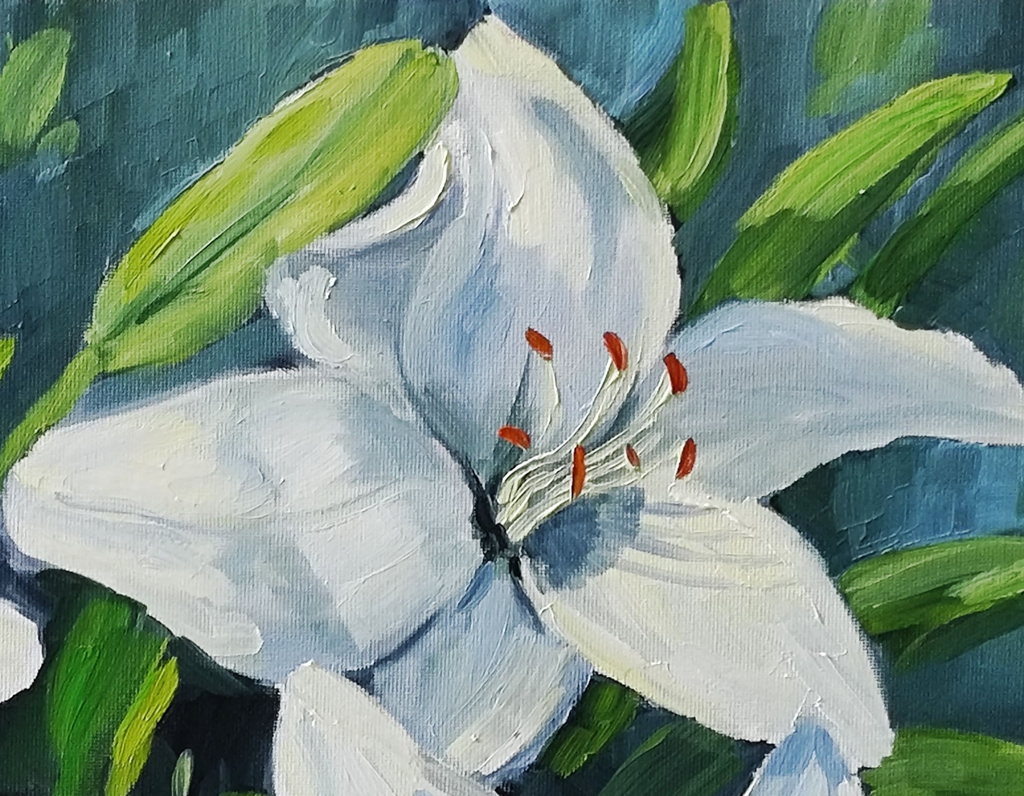 油絵、白いユリの花、花の風景、キャンバス張り、13.8 x 17.7 インチ