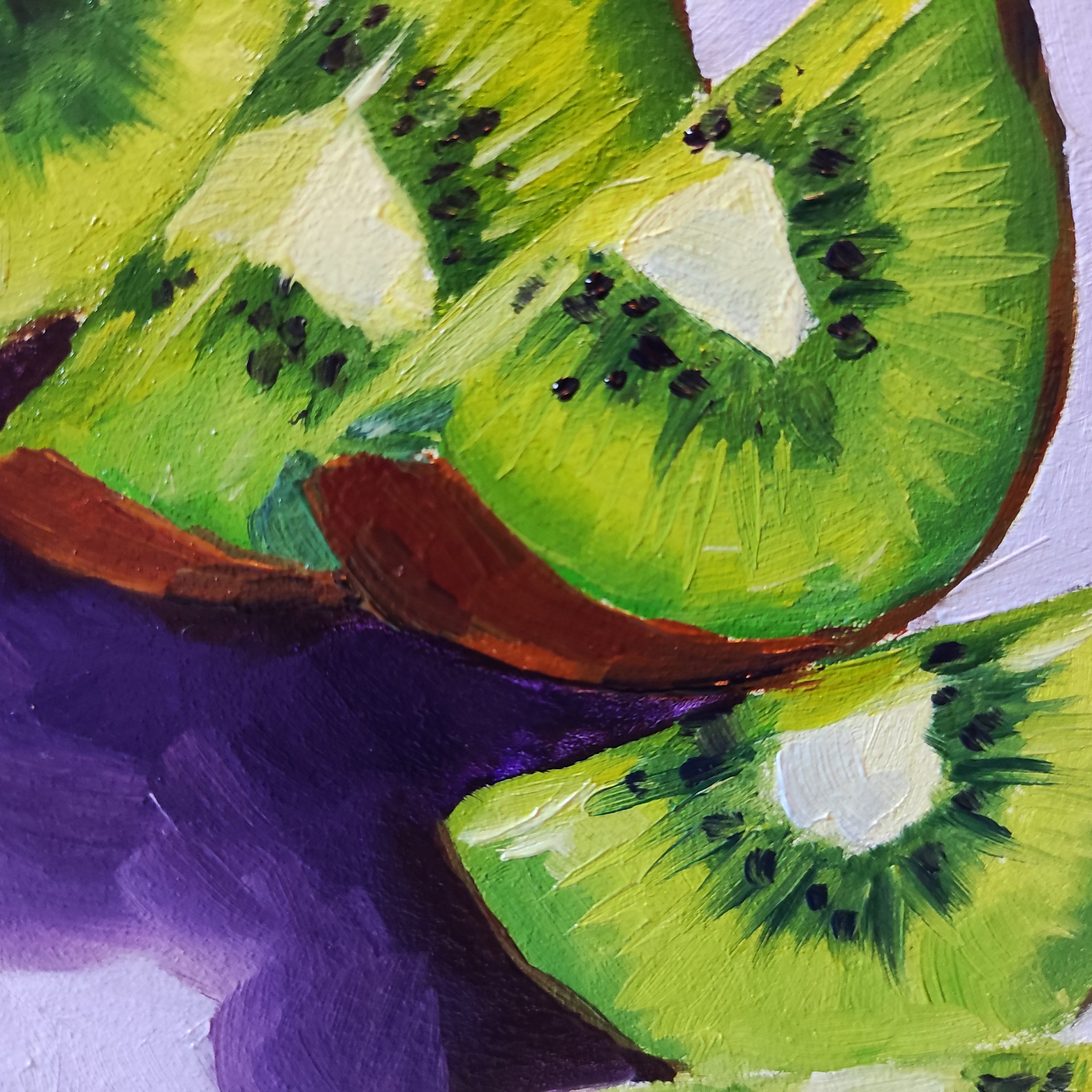 キウイ油絵：キッチン用の小さなフルーツの静物画（7.8 x 7.8インチ