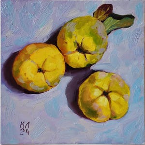 Nature morte à l'huile avec pomme et coing, décoration murale de fruits orange pour la cuisine, huile sur carton, nature morte savoureuse par L. Kabakova, 9,8 * 9,8 pouces