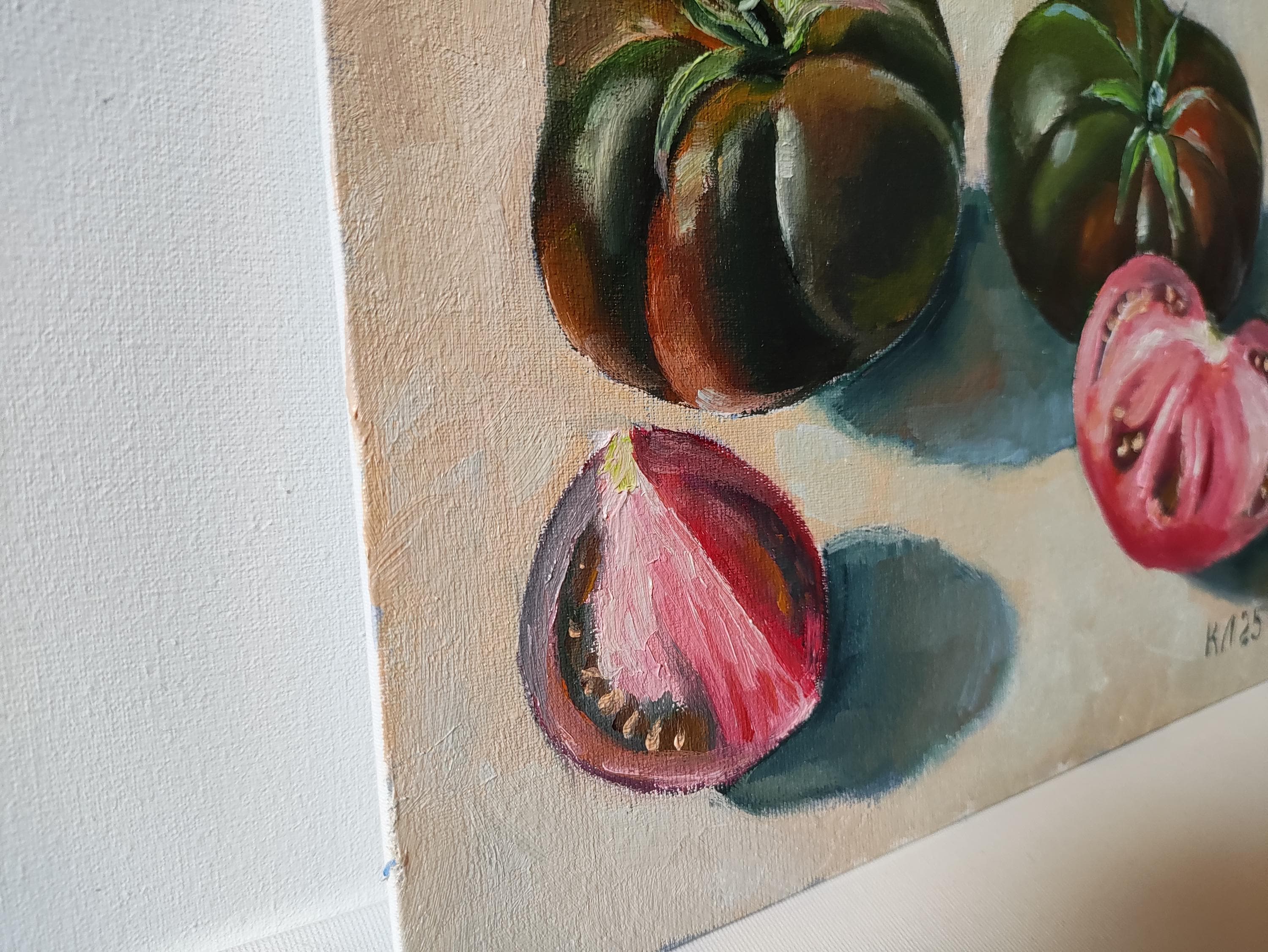トマトの油絵：キャンバスに描かれたキッチンの静物画（7.8 x 11.8