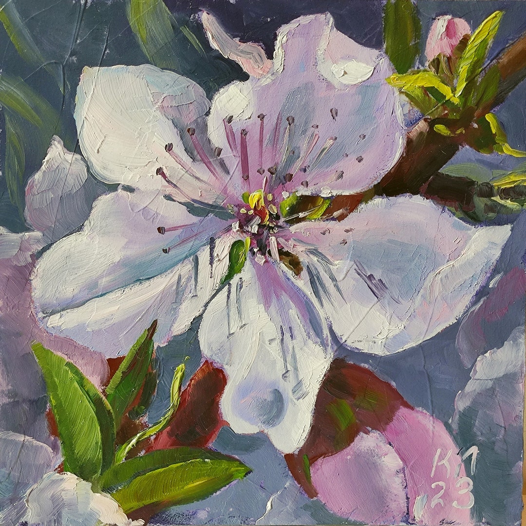 桃の花の油絵、カードに描かれたピンクの花、8 x 8インチ、庭の風景
