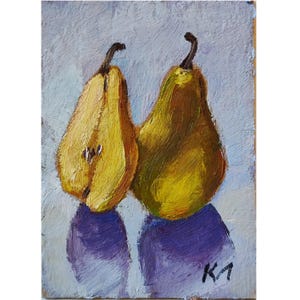 Carta ACEO di frutta, dipinto a olio ACEO di pera, dipinto a olio di frutta 2,5 X 3,5 pollici, piccola opera d'arte di frutta, natura morta